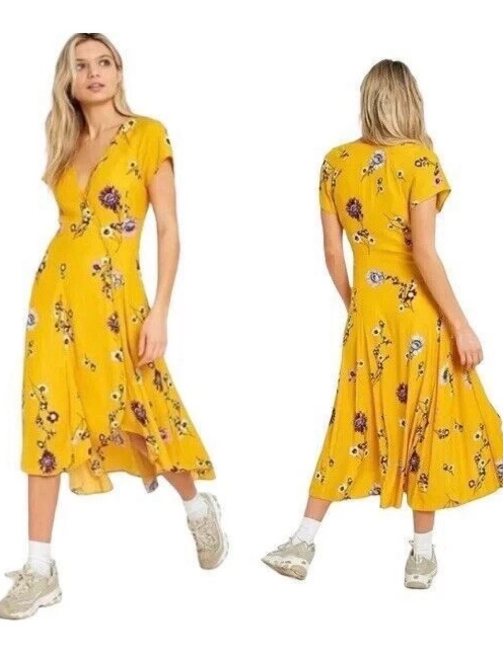 Free People Lost In You Floral Button-Front Midi Dress in Mustard - Picture 5 of 10
